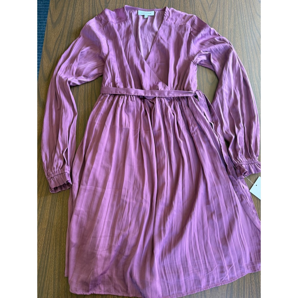 Motherhood Maternity Pleated Wrap Midi Dress‎ Mauve Purple Long Sleeve Small NWT